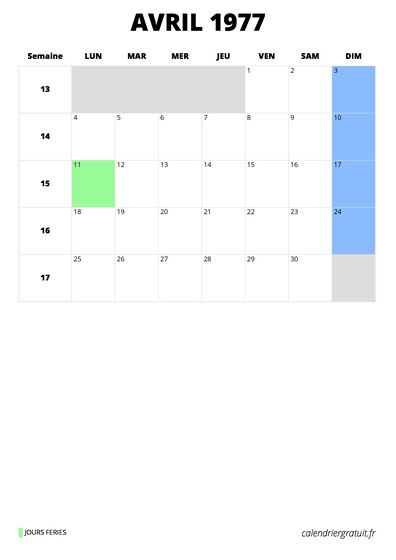 calendrier avril 1977 format portrait