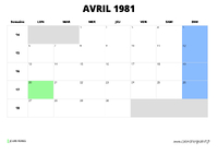 calendrier avril 1981 au format paysage