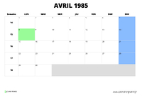 calendrier avril 1985 au format paysage
