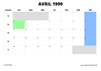 calendrier avril 1999 au format paysage