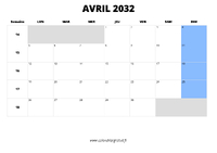 calendrier avril 2032 au format paysage