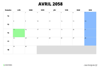 calendrier avril 2058 au format paysage