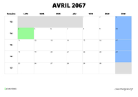 calendrier avril 2067 au format paysage