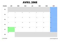 calendrier avril 2068 au format paysage