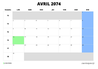 calendrier avril 2074 au format paysage