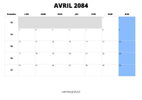 calendrier avril 2084 au format paysage