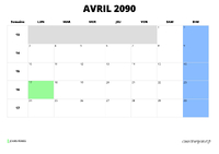 calendrier avril 2090 au format paysage