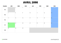 calendrier avril 2098 au format paysage