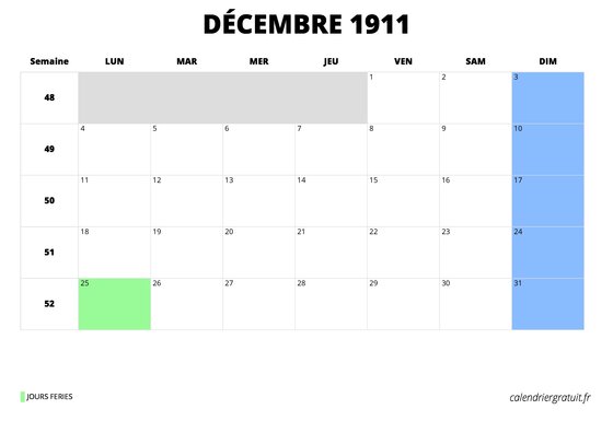 calendrier décembre 1911 calendrier décembre 1911 au format paysage