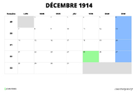 calendrier décembre 1914 au format paysage