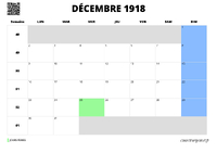 calendrier décembre 1918 au format paysage