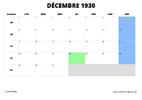 calendrier décembre 1930 au format paysage