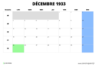 calendrier décembre 1933 au format paysage