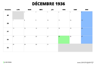 calendrier décembre 1936 au format paysage