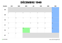 calendrier décembre 1940 au format paysage