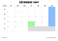 calendrier décembre 1941 au format paysage