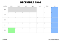 calendrier décembre 1944 au format paysage