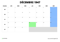 calendrier décembre 1947 au format paysage
