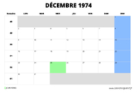 calendrier décembre 1974 au format paysage