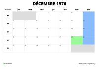 calendrier décembre 1976 au format paysage