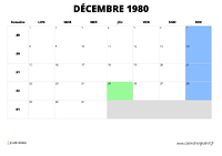 calendrier décembre 1980 au format paysage