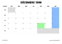 calendrier décembre 1998 au format paysage