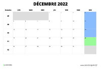 calendrier décembre 2022 au format paysage