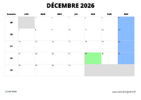 calendrier décembre 2026 au format paysage