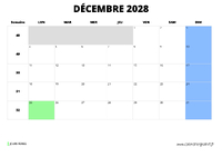 calendrier décembre 2028 au format paysage