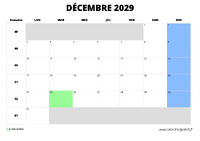 calendrier décembre 2029 au format paysage