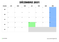calendrier décembre 2031 au format paysage