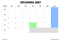calendrier décembre 2087 calendrier décembre 2087 au format paysage