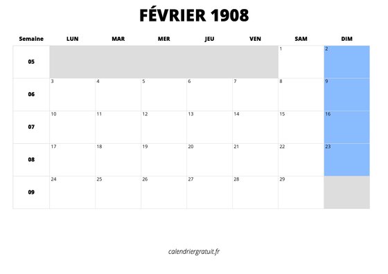 calendrier février 1908 calendrier février 1908 au format paysage