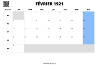 calendrier février 1921 calendrier février 1921 au format paysage