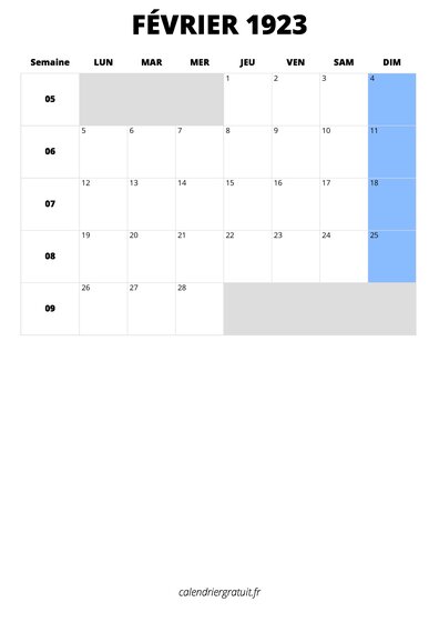 calendrier février 1923 calendrier février 1923 format portrait