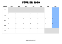calendrier février 1930 au format paysage