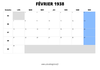 calendrier février 1938 au format paysage