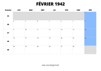 calendrier février 1942 au format paysage