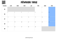 calendrier février 1952 au format paysage