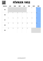 calendrier février 1952 format portrait