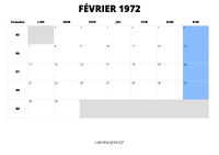 calendrier février 1972 au format paysage
