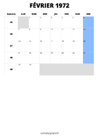calendrier février 1972 format portrait