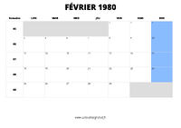 calendrier février 1980 au format paysage