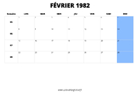 calendrier février 1982 au format paysage