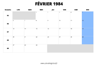 calendrier février 1984 au format paysage