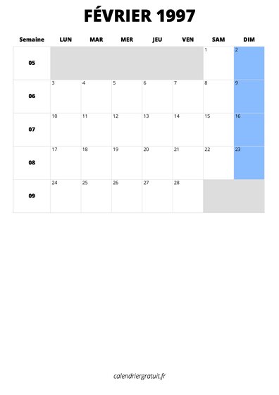 calendrier février 1997 format portrait