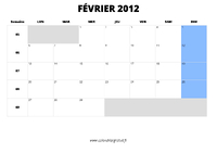 calendrier février 2012 au format paysage
