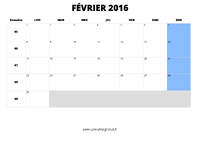 calendrier février 2016 au format paysage