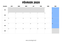 calendrier février 2020 au format paysage