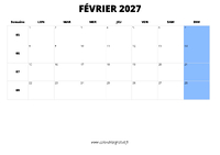 calendrier février 2027 au format paysage